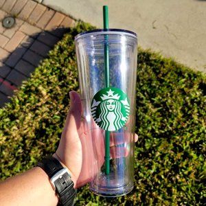 NEW Starbucks Cold Cup Clear Venti Tumbler Traveler With Green Straw Logo - 24 o